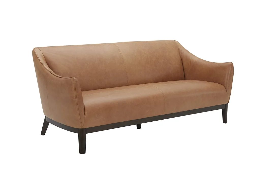 Rivet Bayard Contemporary Leather Couch with Curved Back and Armrests
