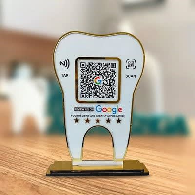 Premium Tooth-Shaped Google Review Standee (Gold Edition)