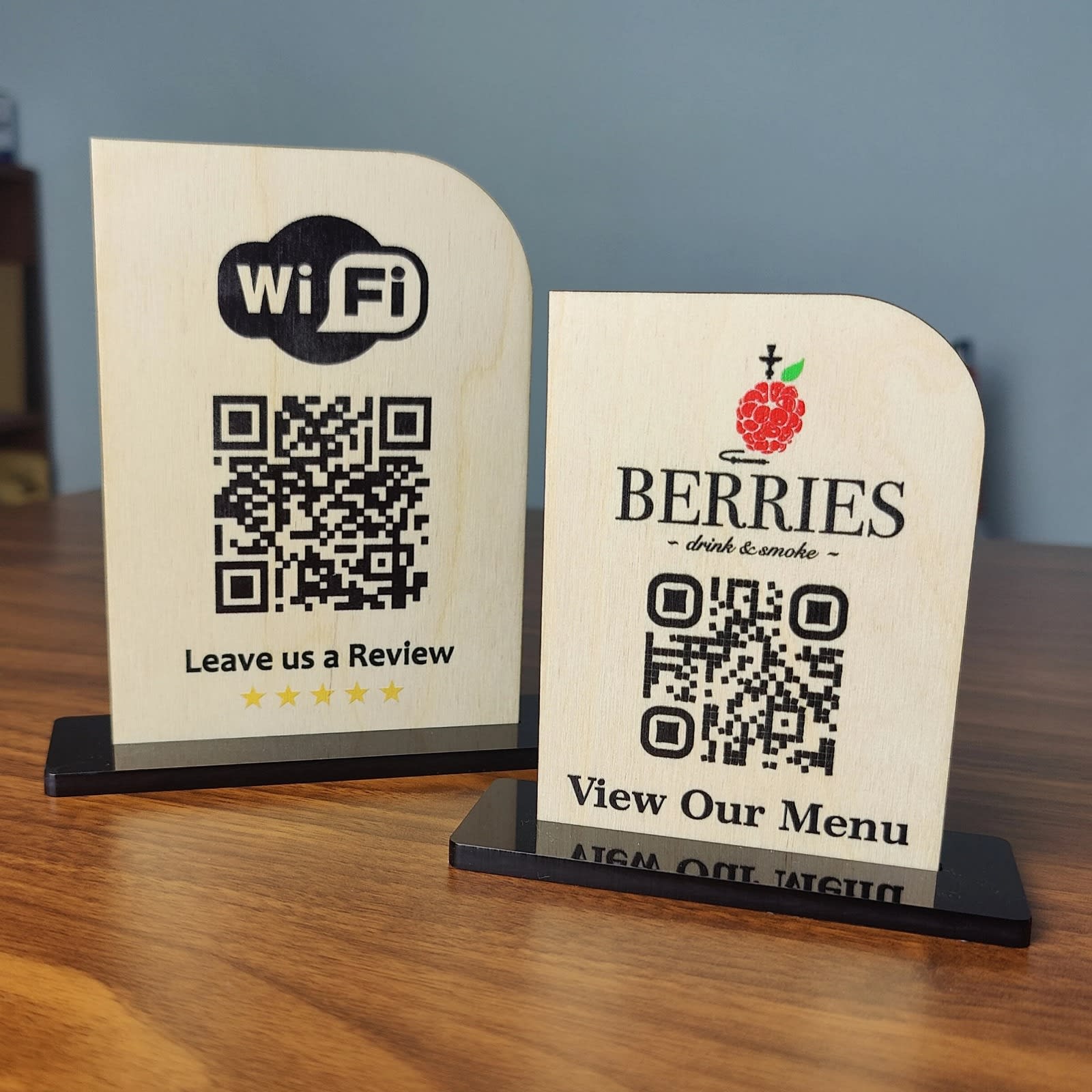 Wood-Grain Print Acrylic Duo Standee — WiFi & Menu Set