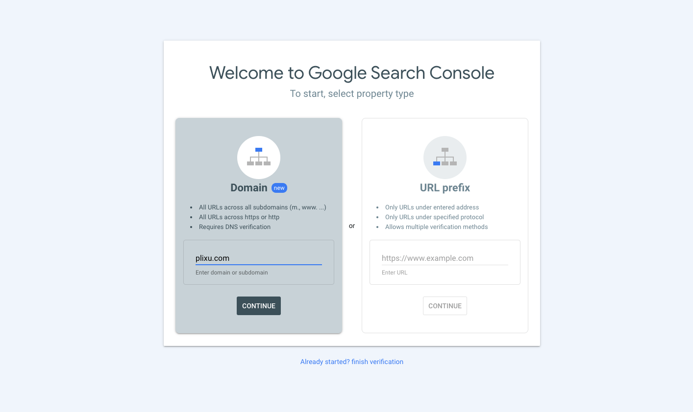 The Google Search Console domain verify options