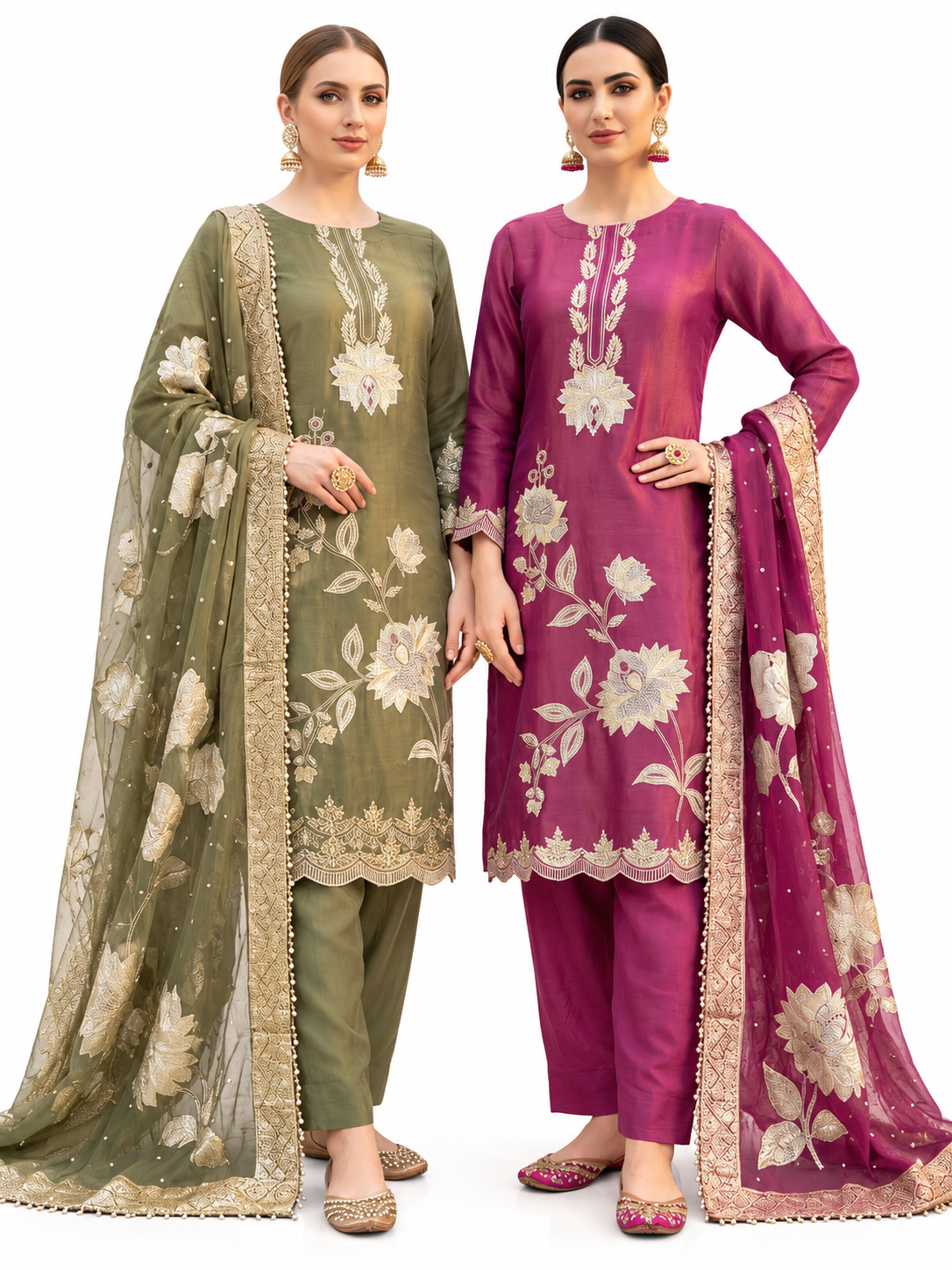 Royal Bloom Floral Embroidered Straight Kurta Pant Set with Dupatta – Olive Green & Wine Magenta 1