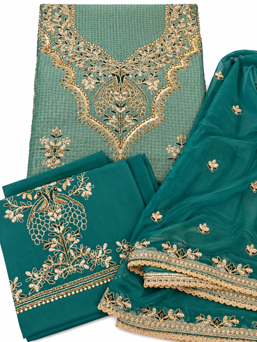 Emerald Teal Royal Floral Embroidered Suit Set with Dupatta 1