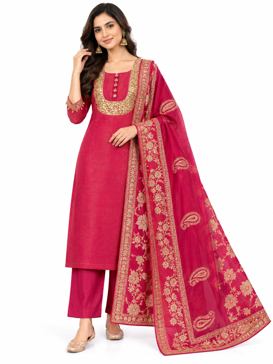 Royal Rani Pink Gold Embroidered Straight Kurta Pant Set with Paisley Dupatta 1
