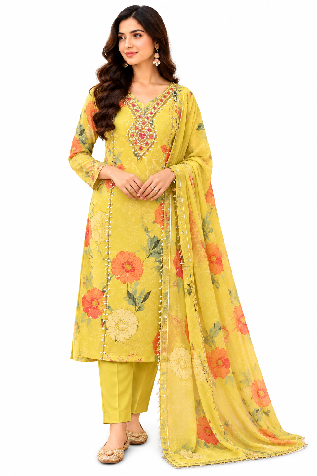Gulbahar Sunshine Yellow Floral Embroidered 3-Piece Suit Set 1