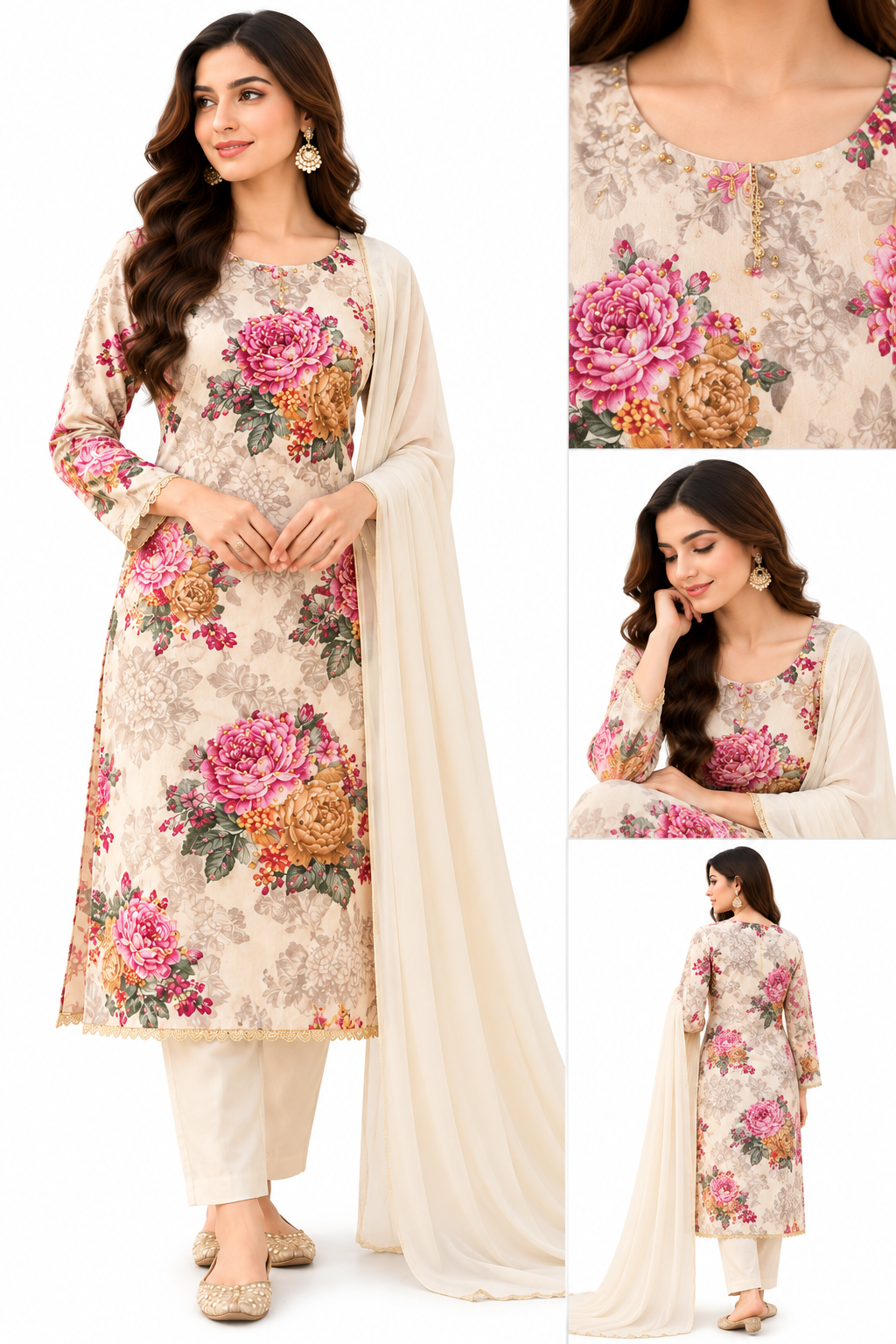 Gulbahar Ivory Rose Floral 3-Piece Suit Set 1
