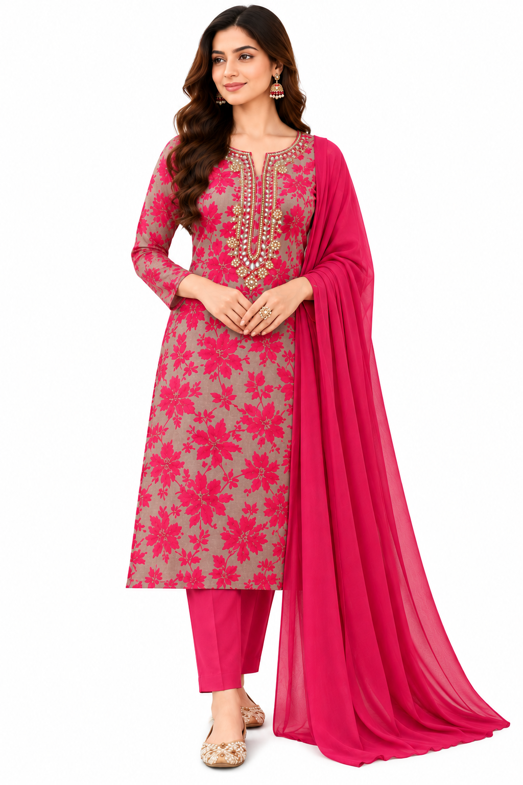 Gulbahar Rani Pink Floral Embroidered 3-Piece Suit Set 1