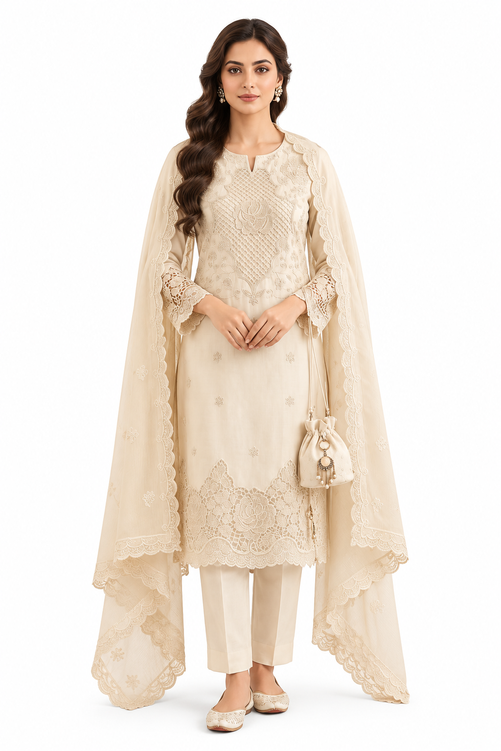 Ivory Noor Premium Embroidered 3-Piece Suit Set with Lace Dupatta 1