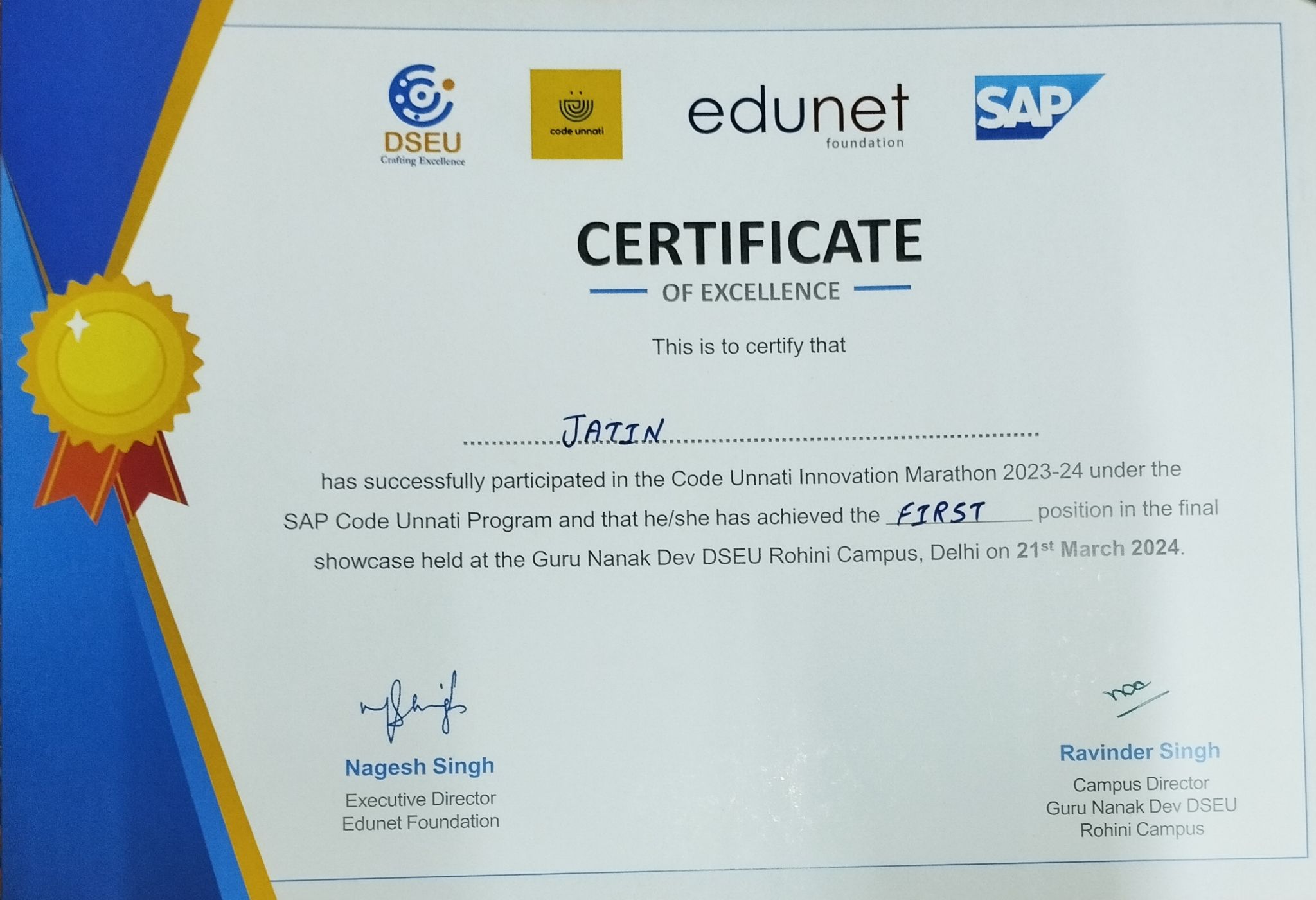 This my Certification on winning in SAP code unnati porgram