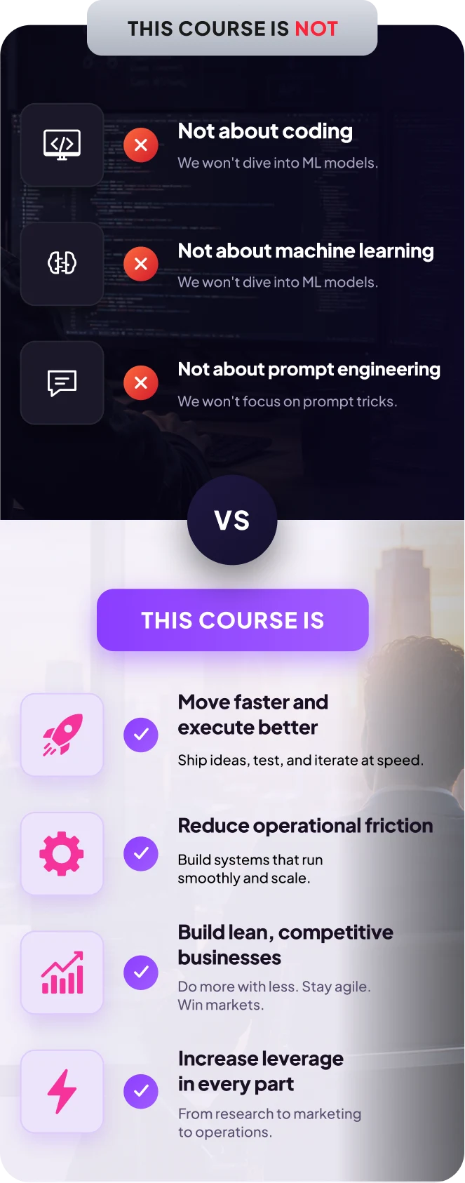 Comparison: this course is not about coding, machine learning, or prompt engineering — this course is about moving faster, reducing operational friction, building lean competitive businesses, and increasing leverage