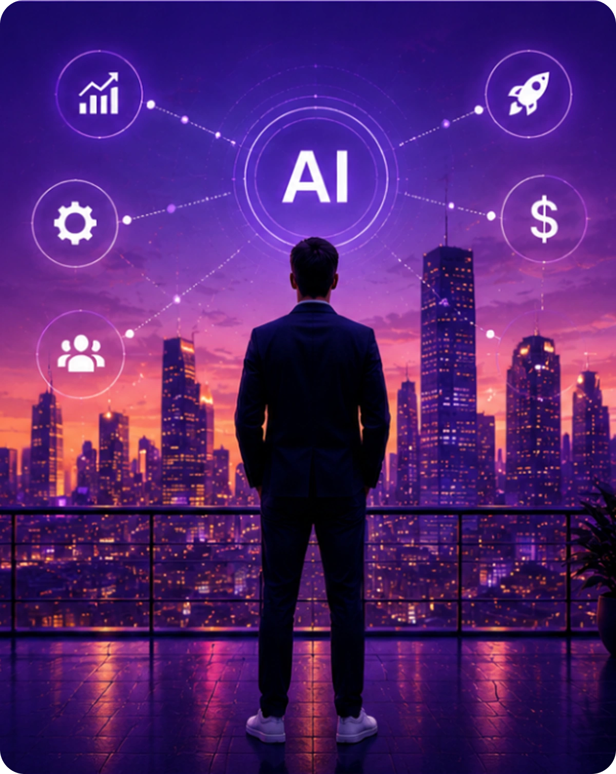 A founder overlooking an AI-powered city skyline, representing building a business with AI