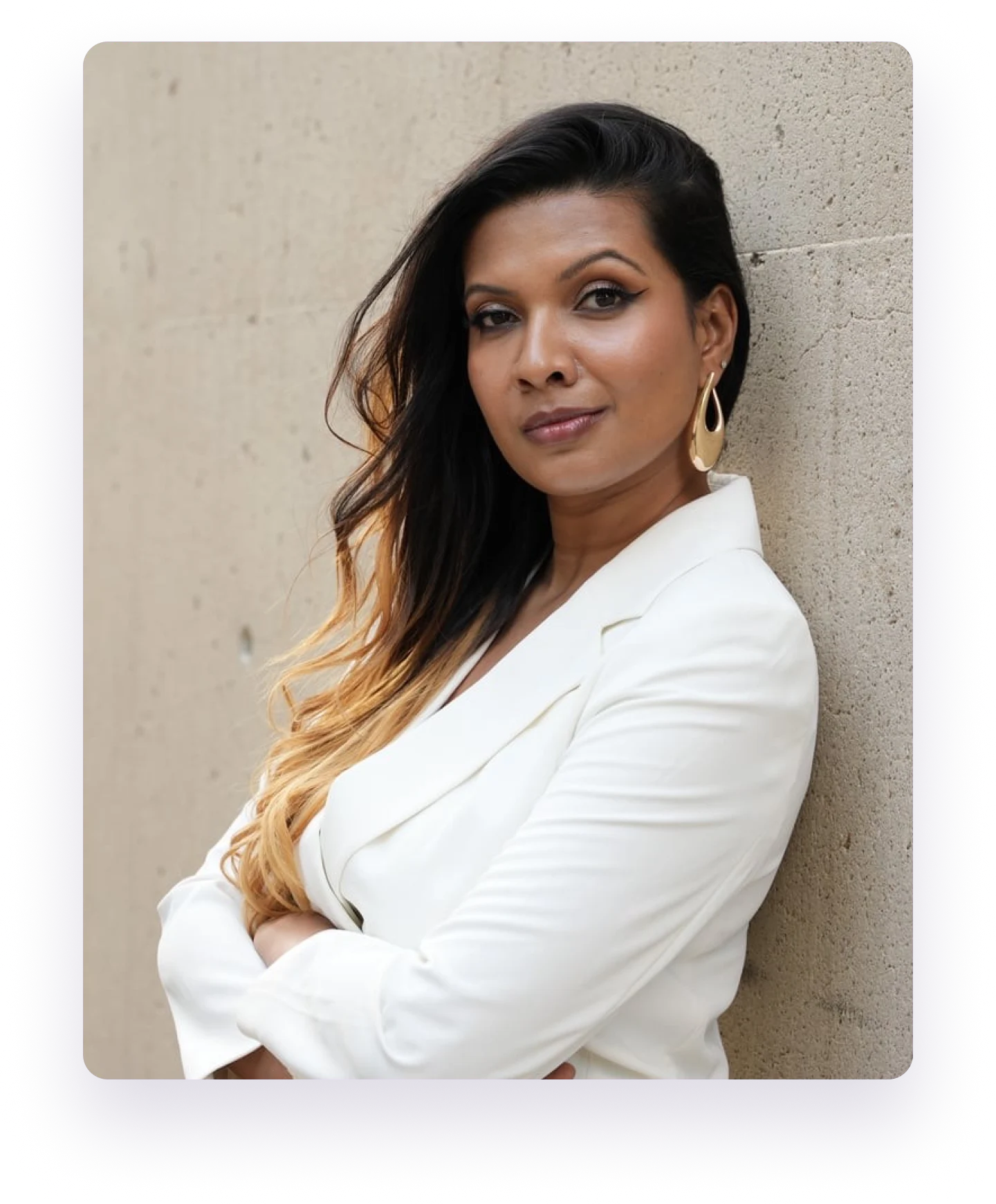 Sharmin Ali, founder, wearing a white blazer