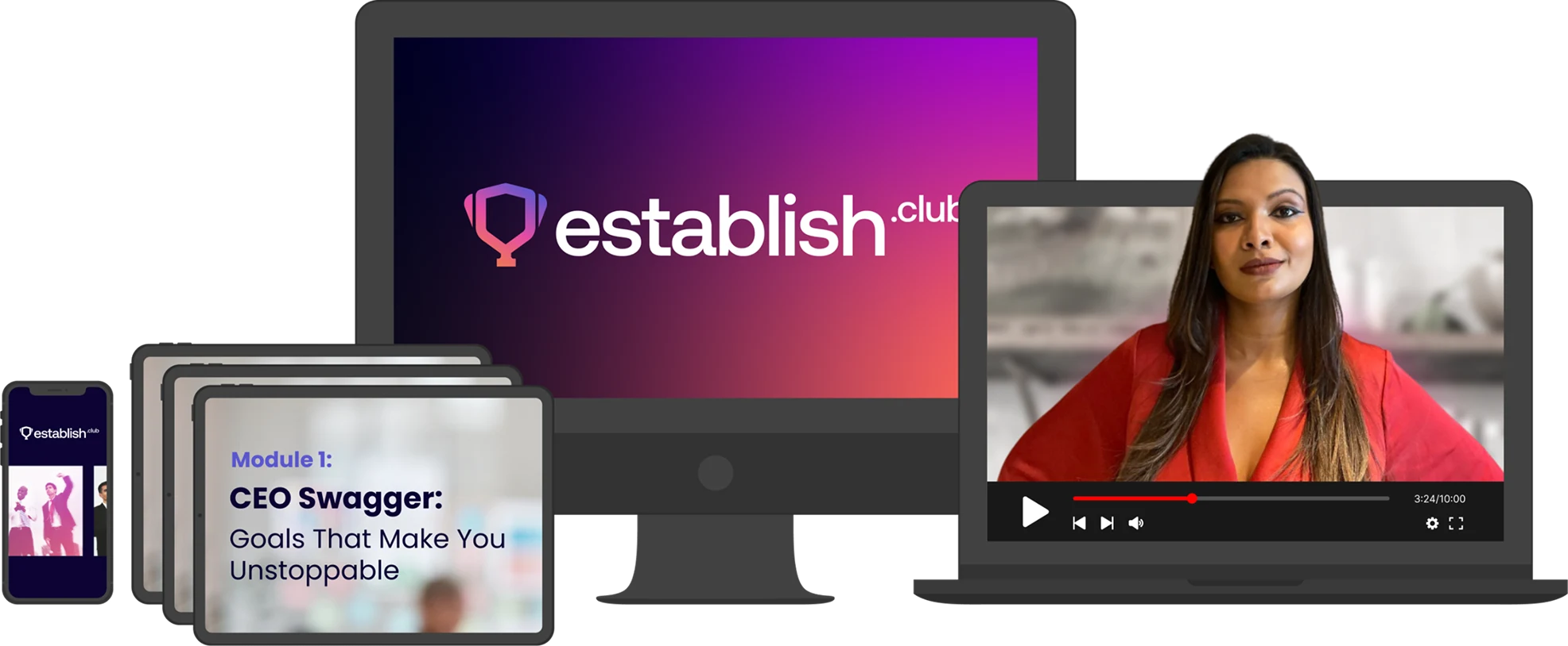 Establish.club entrepreneurship learning content displayed across desktop, laptop, tablet, and mobile devices