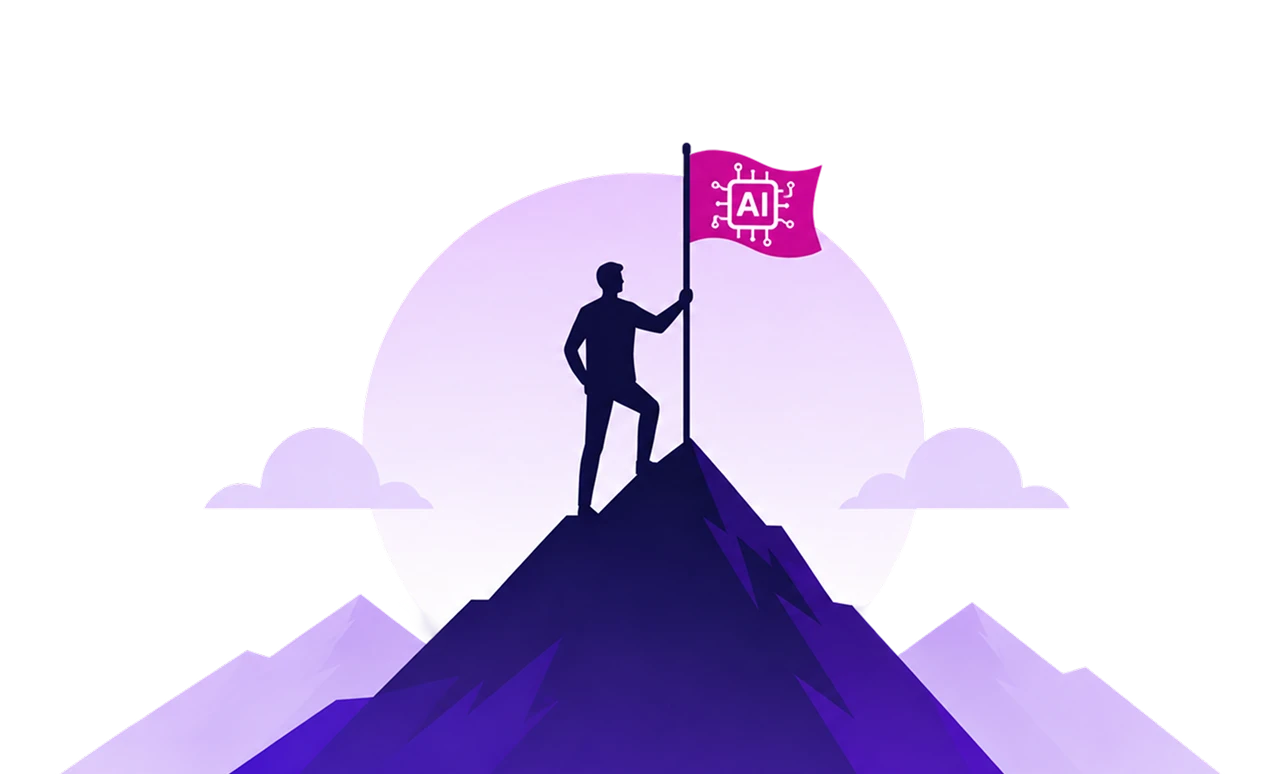 A founder standing on a mountain peak holding a flag, representing becoming unstoppable through AI