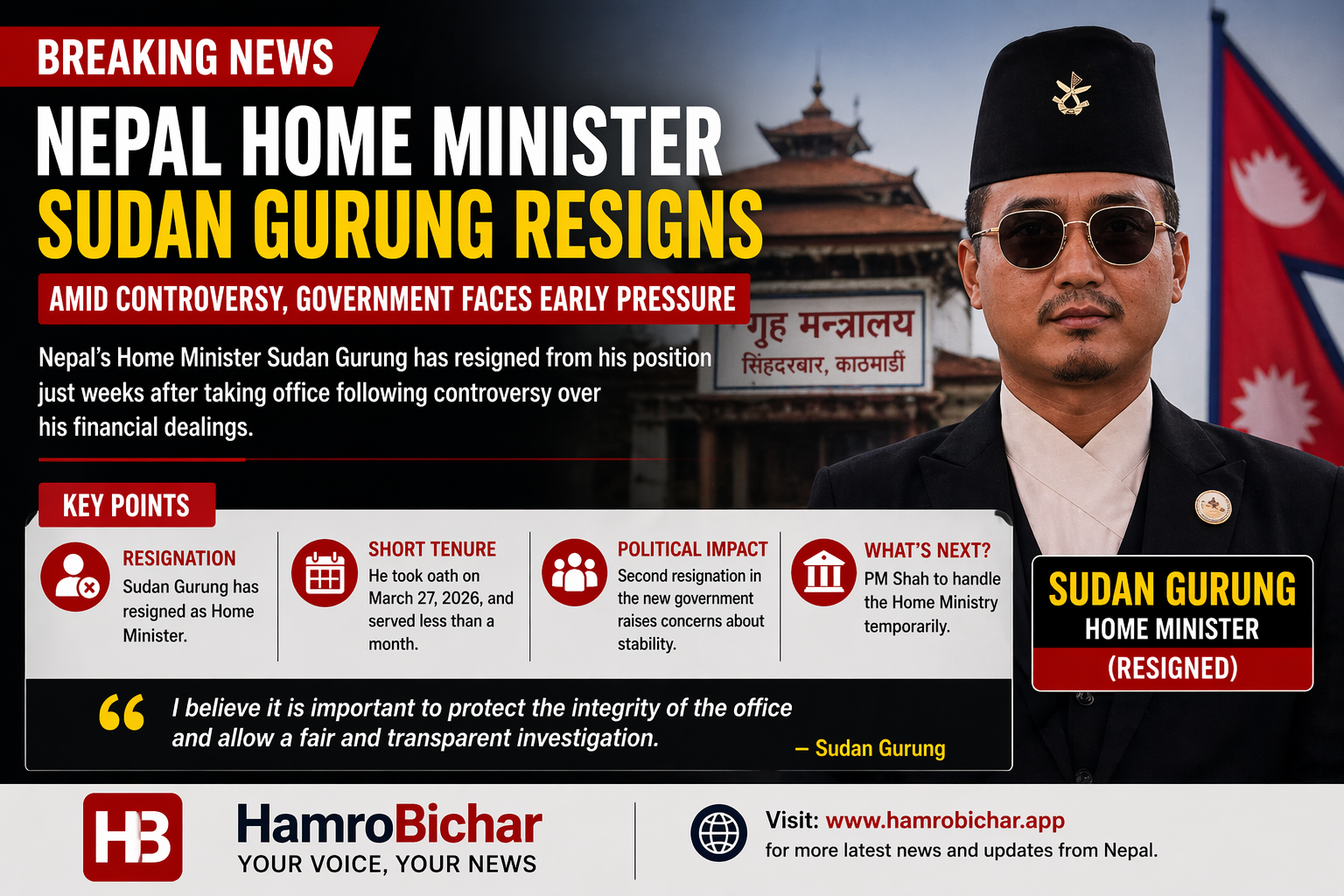 Nepal Home Minister Resigns Amid Controversy, Government Faces Early Pressure