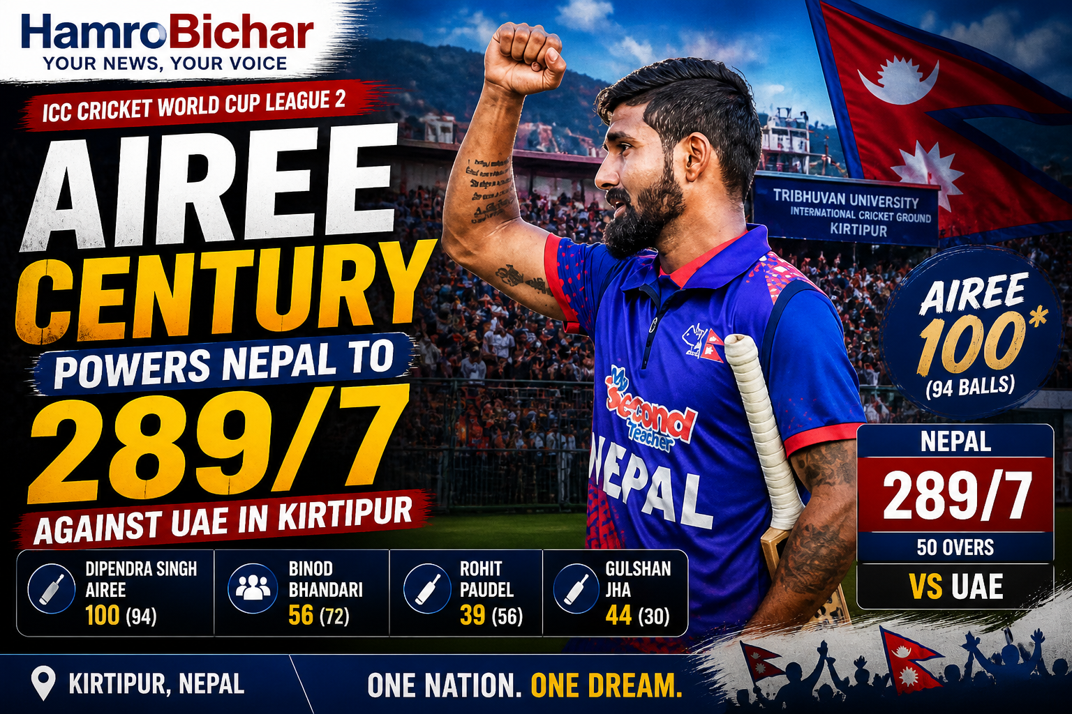 Dipendra Singh Airee’s Century Powers Nepal to 289/7 Against UAE in Kirtipur, Kathmadnu