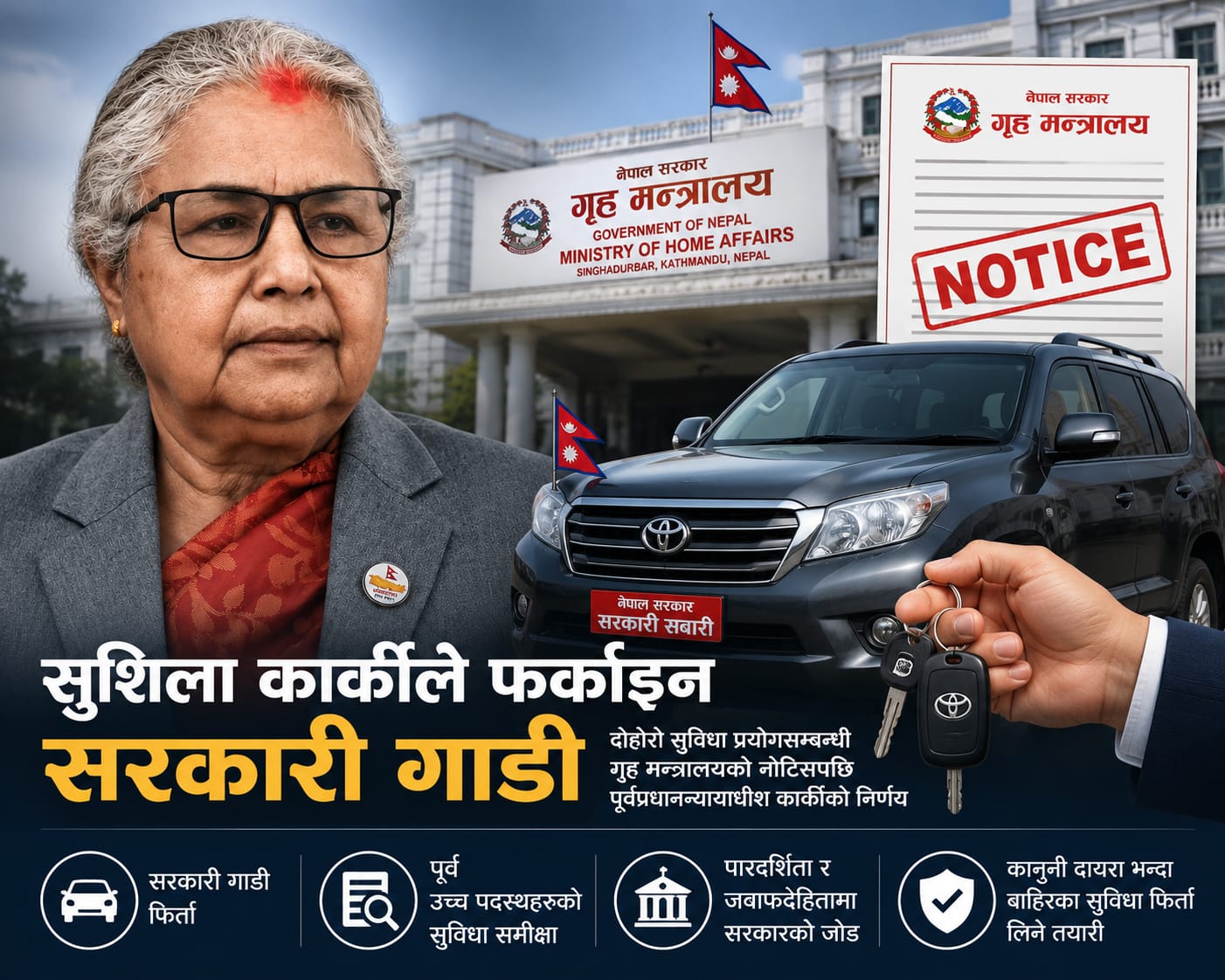 Former Chief Justice Sushila Karki Returns Government Vehicle Amid Crackdown on Double Benefits