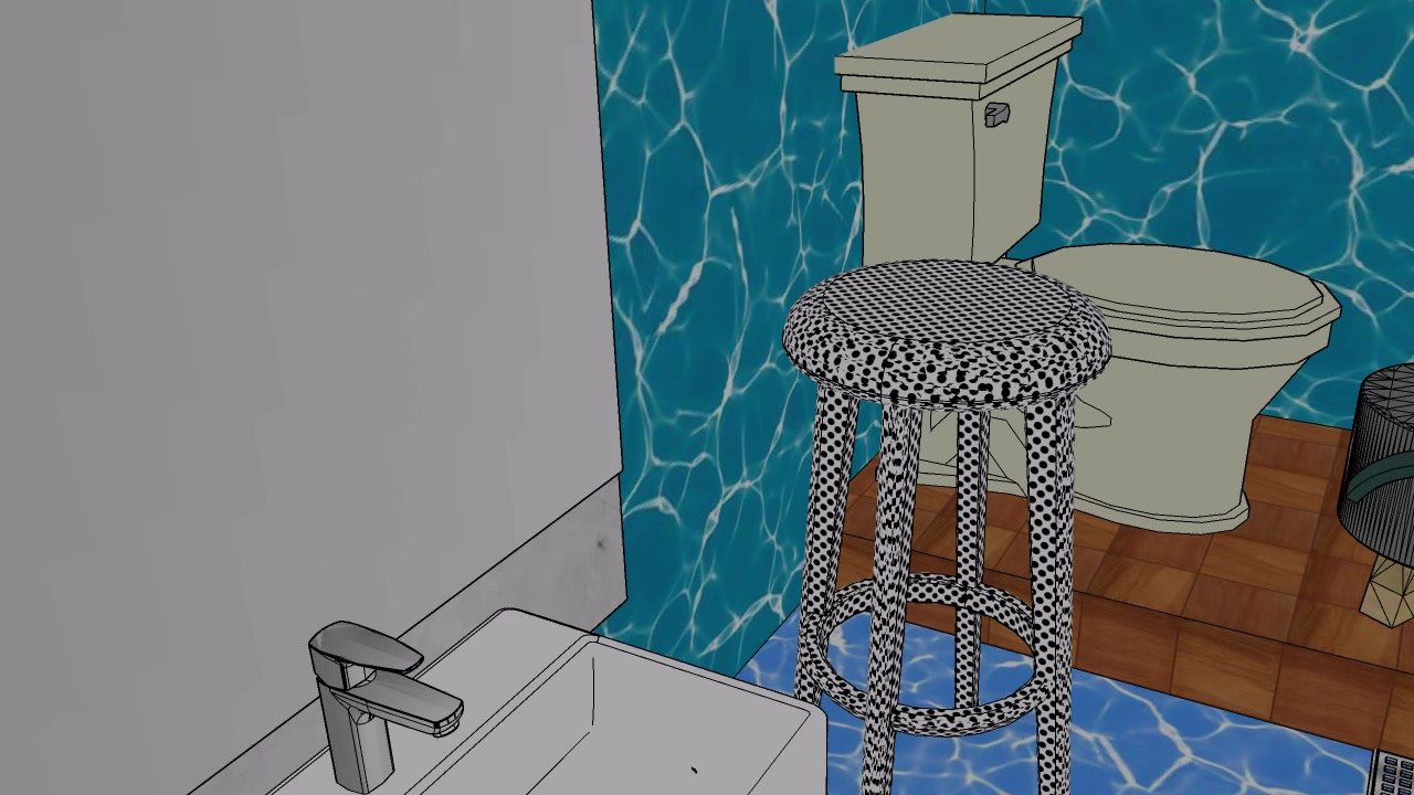 Model of a compact bathroom with tiled walls, WC, basin and shower