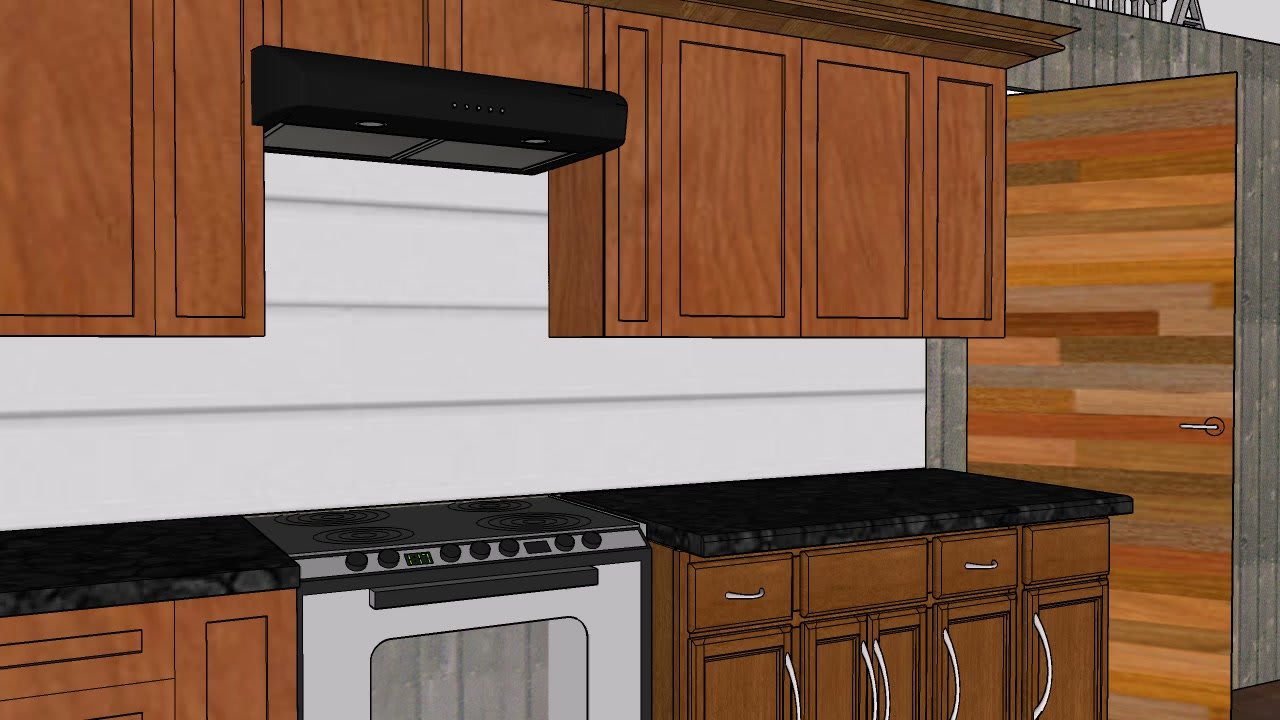 SketchUp render of wood kitchen cabinets, black countertop, oven and chimney hood