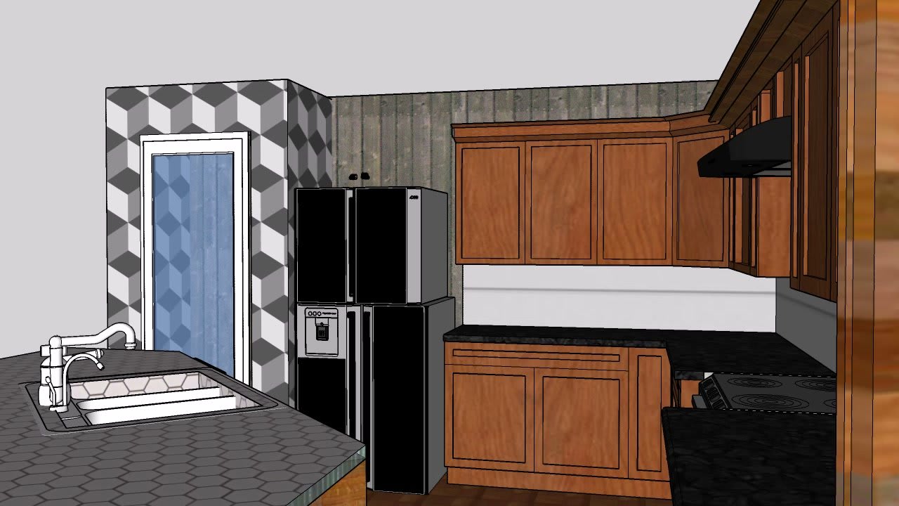 SketchUp render of a kitchen with island sink, glass pantry door and wood cabinets