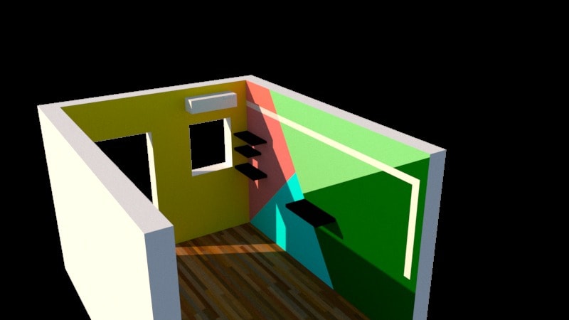 3D render of a room with yellow, pink, green and teal geometric wall colours and floating shelves