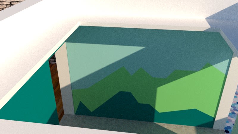 3D render of a room with a layered green mountain-range mural