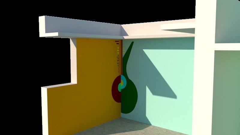 3D render of a corner mural of a stylised string instrument on yellow and pale green walls