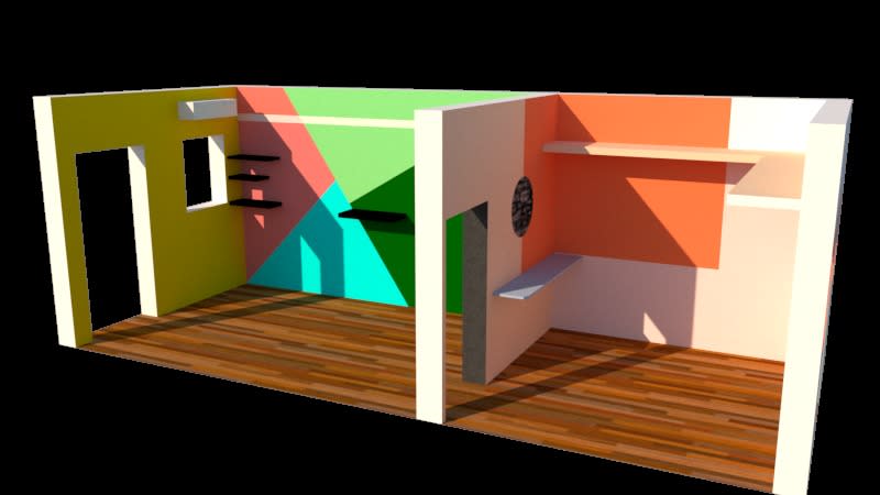 3D model of two rooms painted in yellow, pink, green, teal and orange geometric blocks