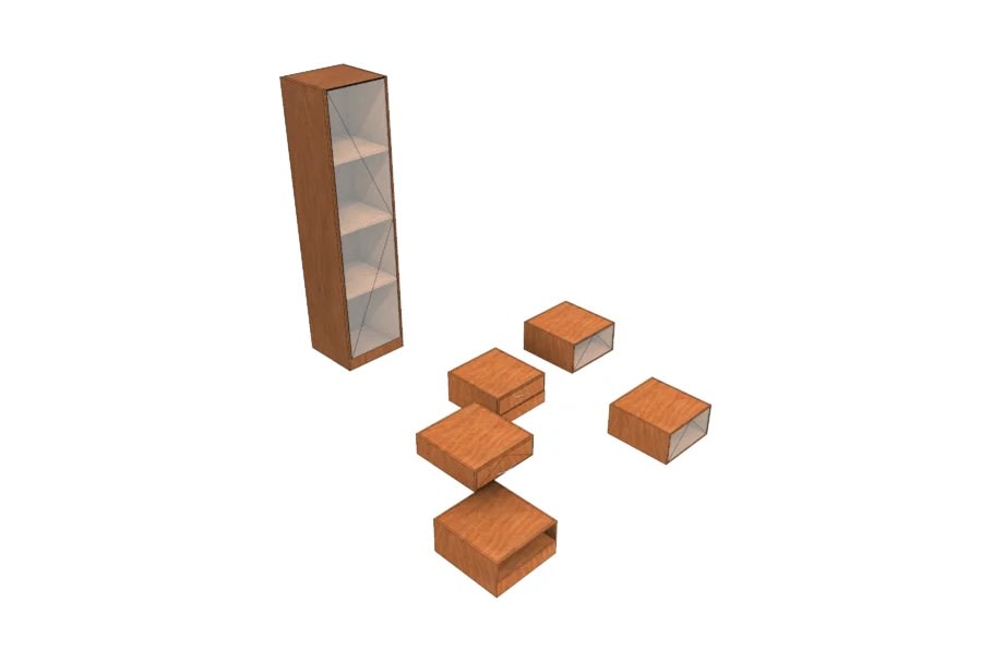 SketchUp model of a tall wooden glass-fronted cabinet and five wooden drawer boxes