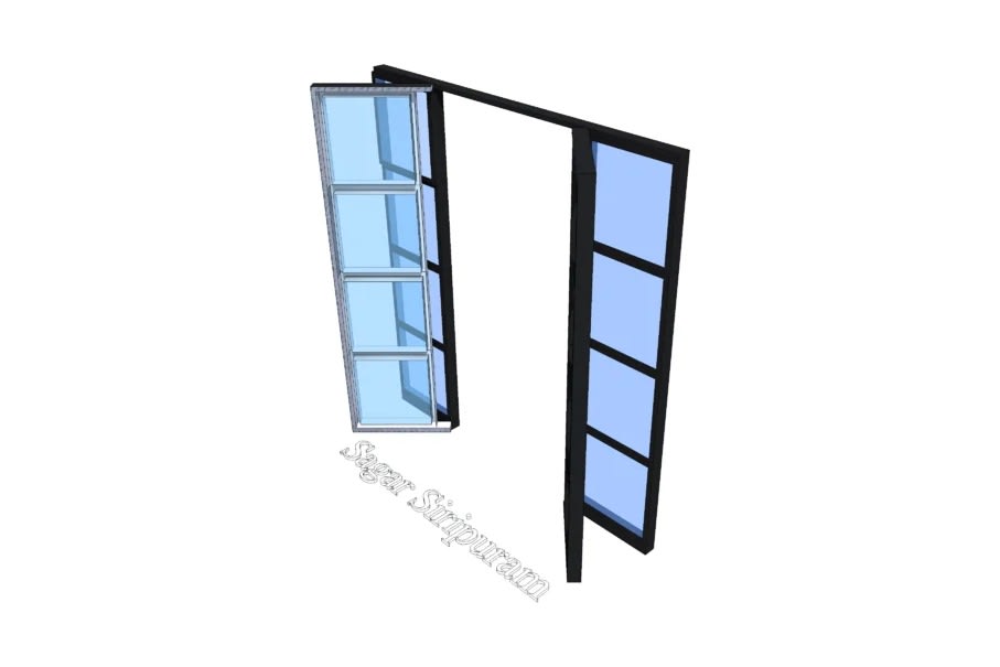 SketchUp model of a black metal-framed folding glazed balcony window, one leaf folded open