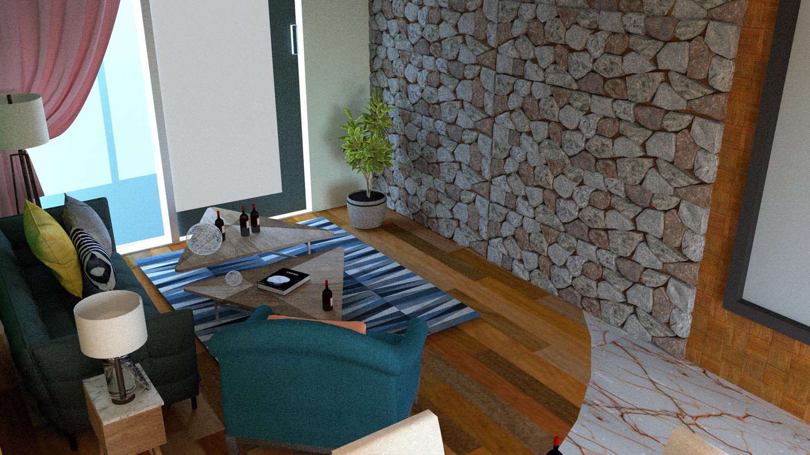 Render of a living room with a stone-clad feature wall, timber floor meeting marble, a teal armchair and triangular coffee tables