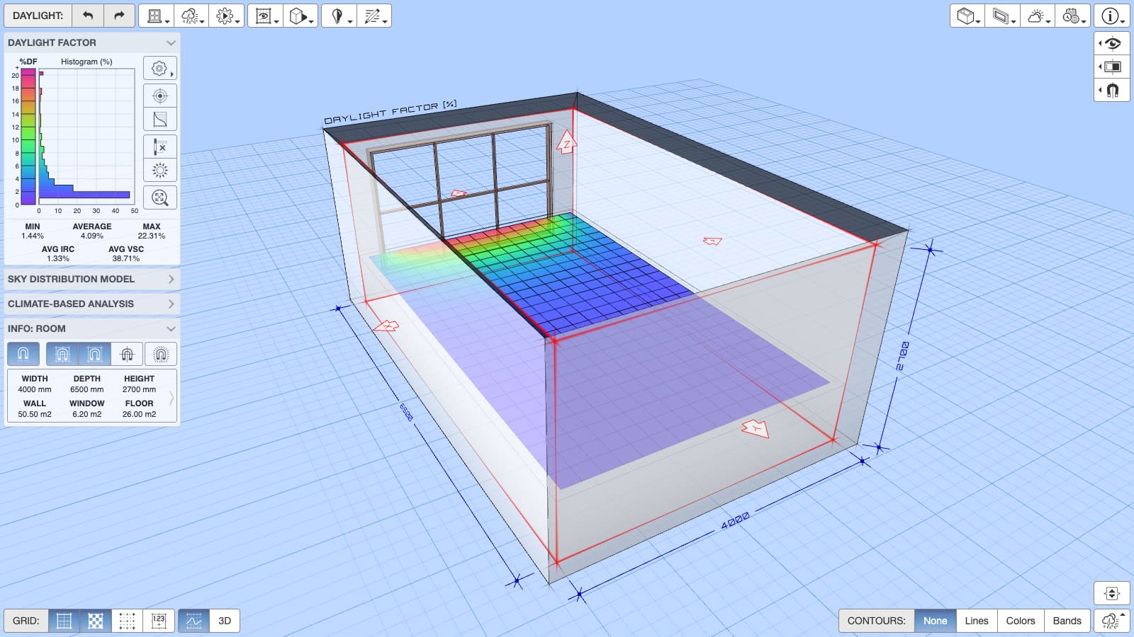 Daylight Box model of the same room with a large window, the floor grid showing higher daylight further into the room