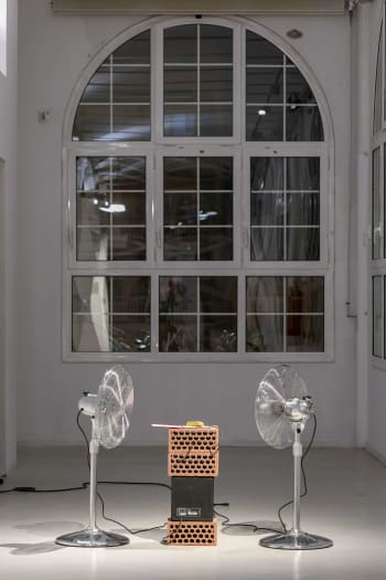 Photo of art installation of domas van wijk at art space Can Felipa, with two fans