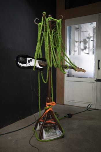 zwart witte Basgitaar hangt aan groenen uittrekbare tuinslangen aan een hout antieke kapstok 