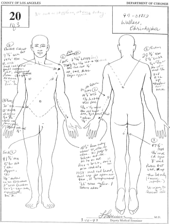 Officieel Lichaamsdiagram uit autopsierapport Christopher Wallace (biggie)