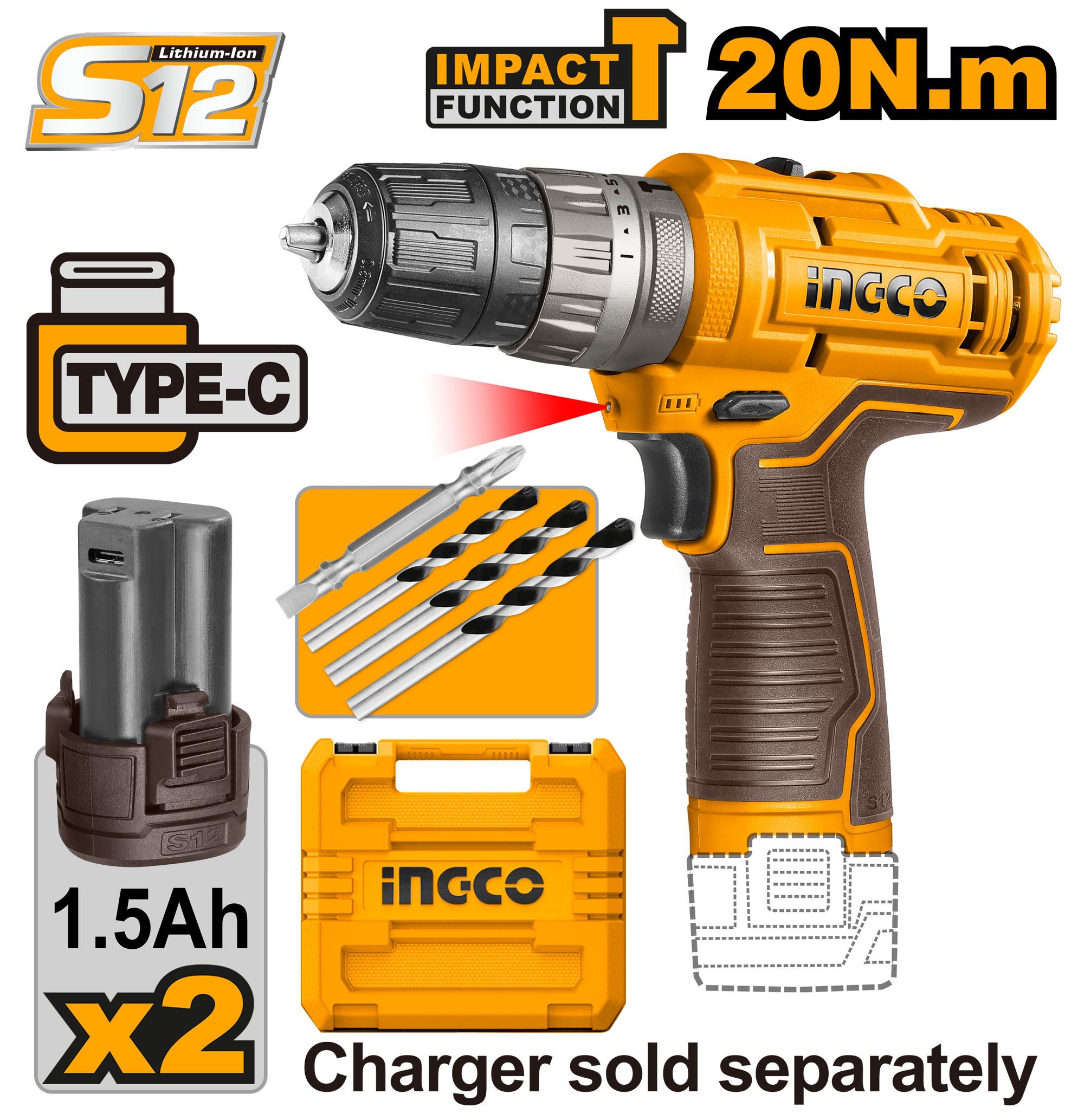INGCO 12v Cordless Impact Drill CIDLI12202