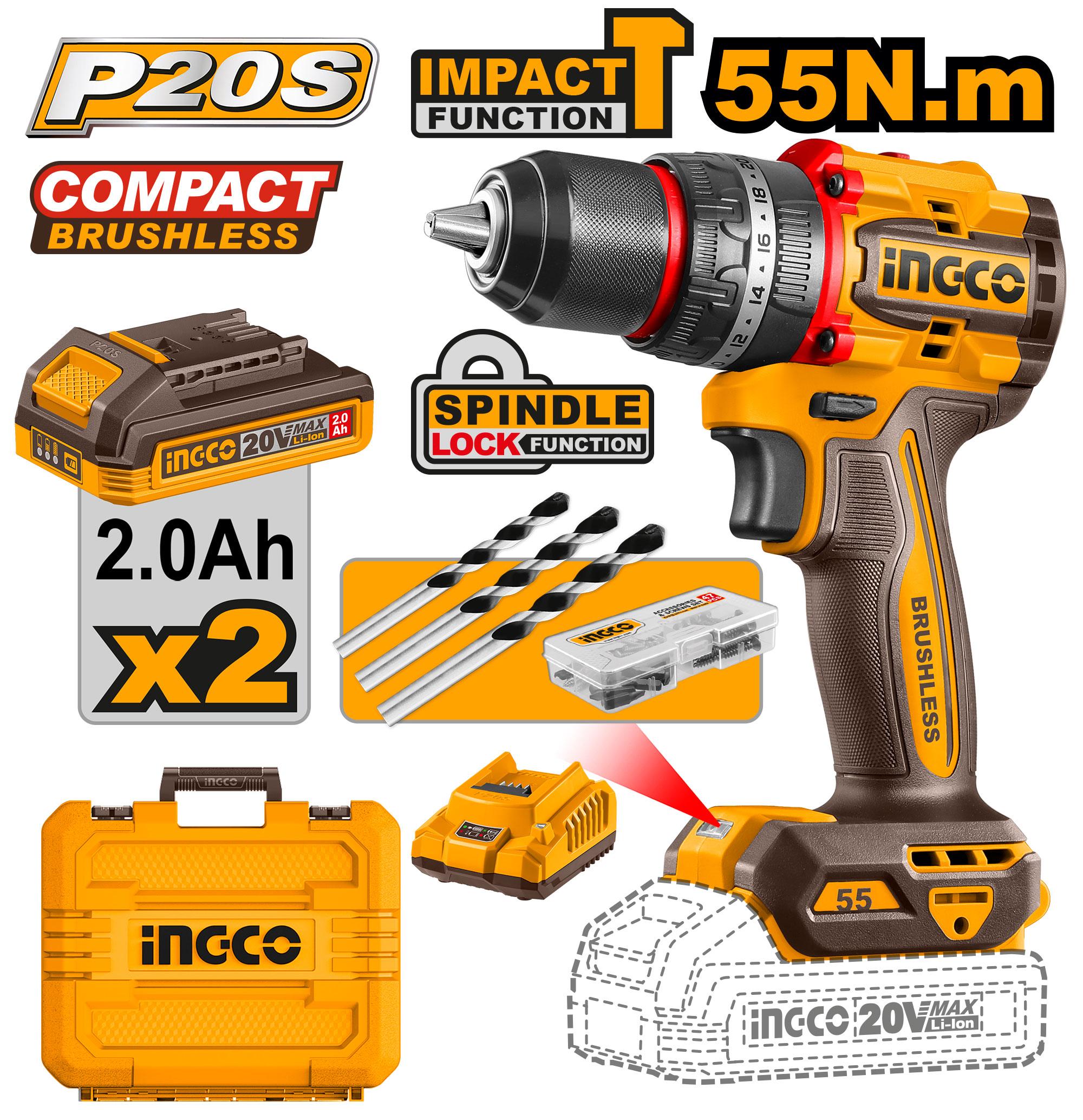 INGCO 20v Cordless Brushless Impact Drill CIDLI20558