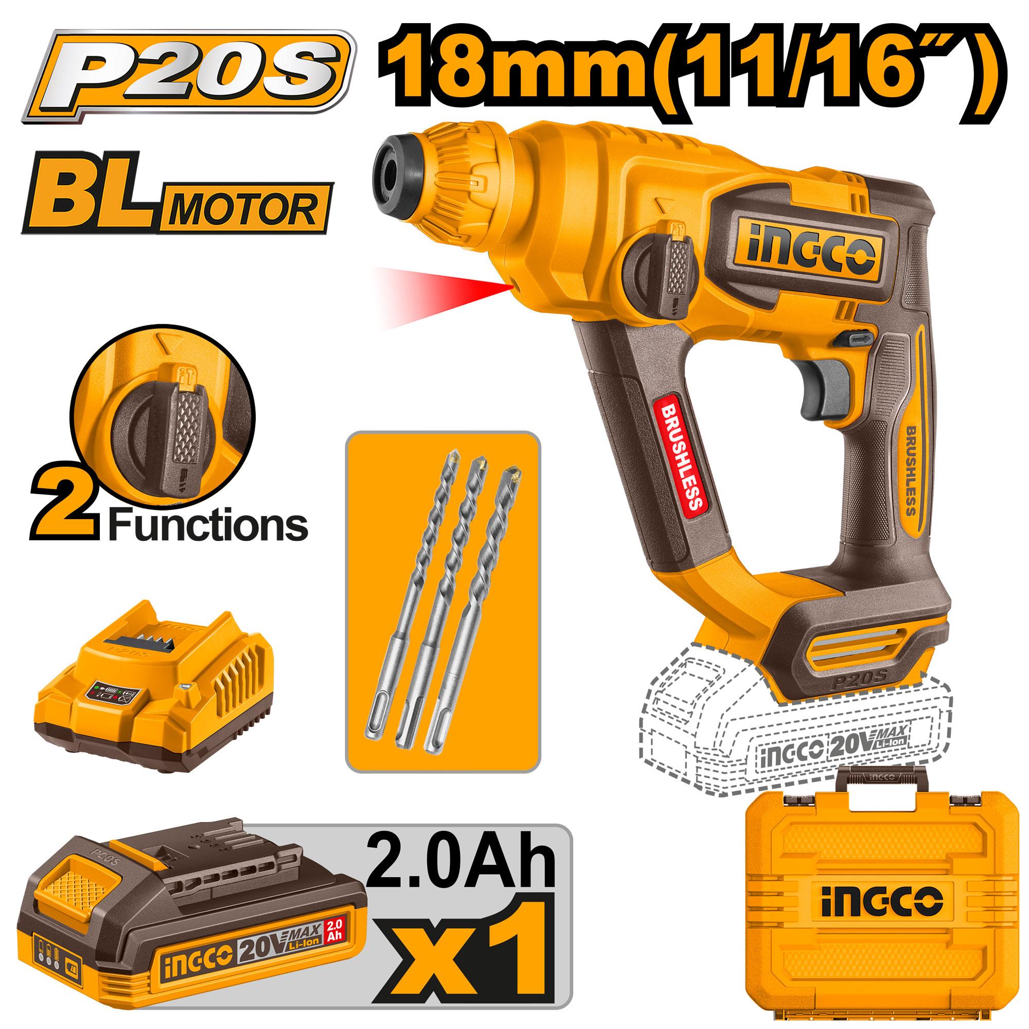 INGCO 20v Cordless Brushless Rotary Hammer 18mm CRHLI201881