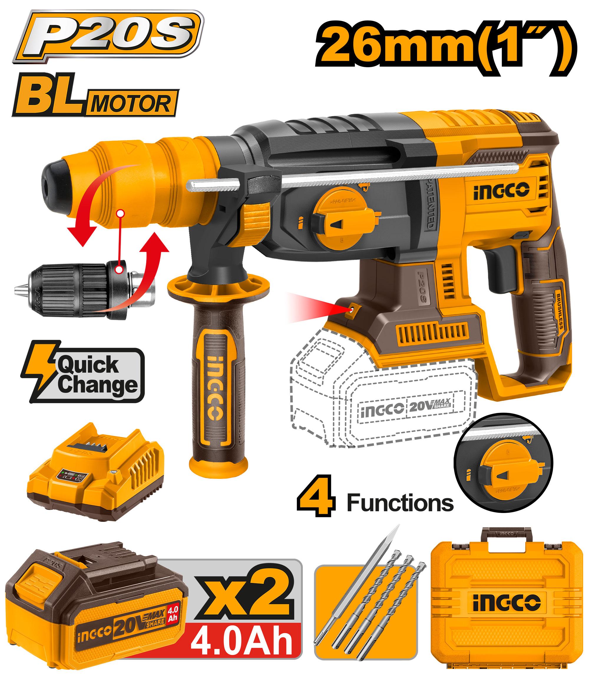 INGCO 20v Cordless Brushless Rotary Hammer 26mm with extra chuck CRHLI202289