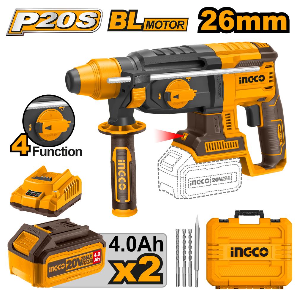 INGCO 20v Cordless Brushless Rotary Hammer 26mm CRHLI202287