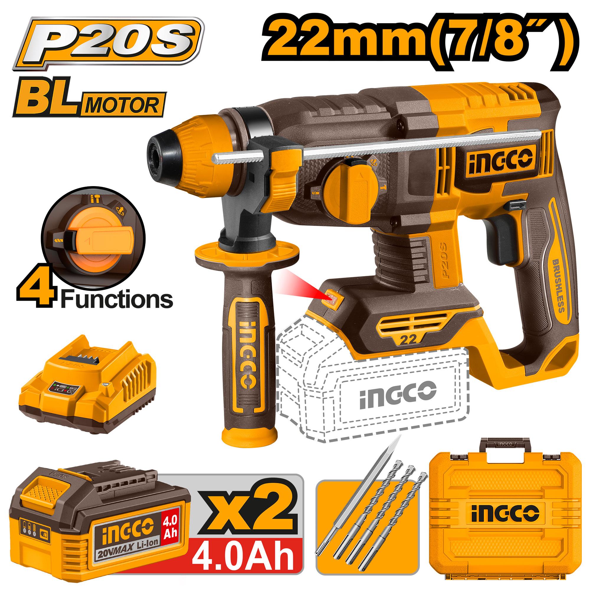 INGCO 20v Cordless Brushless Rotary Hammer 22mm CRHLI212282