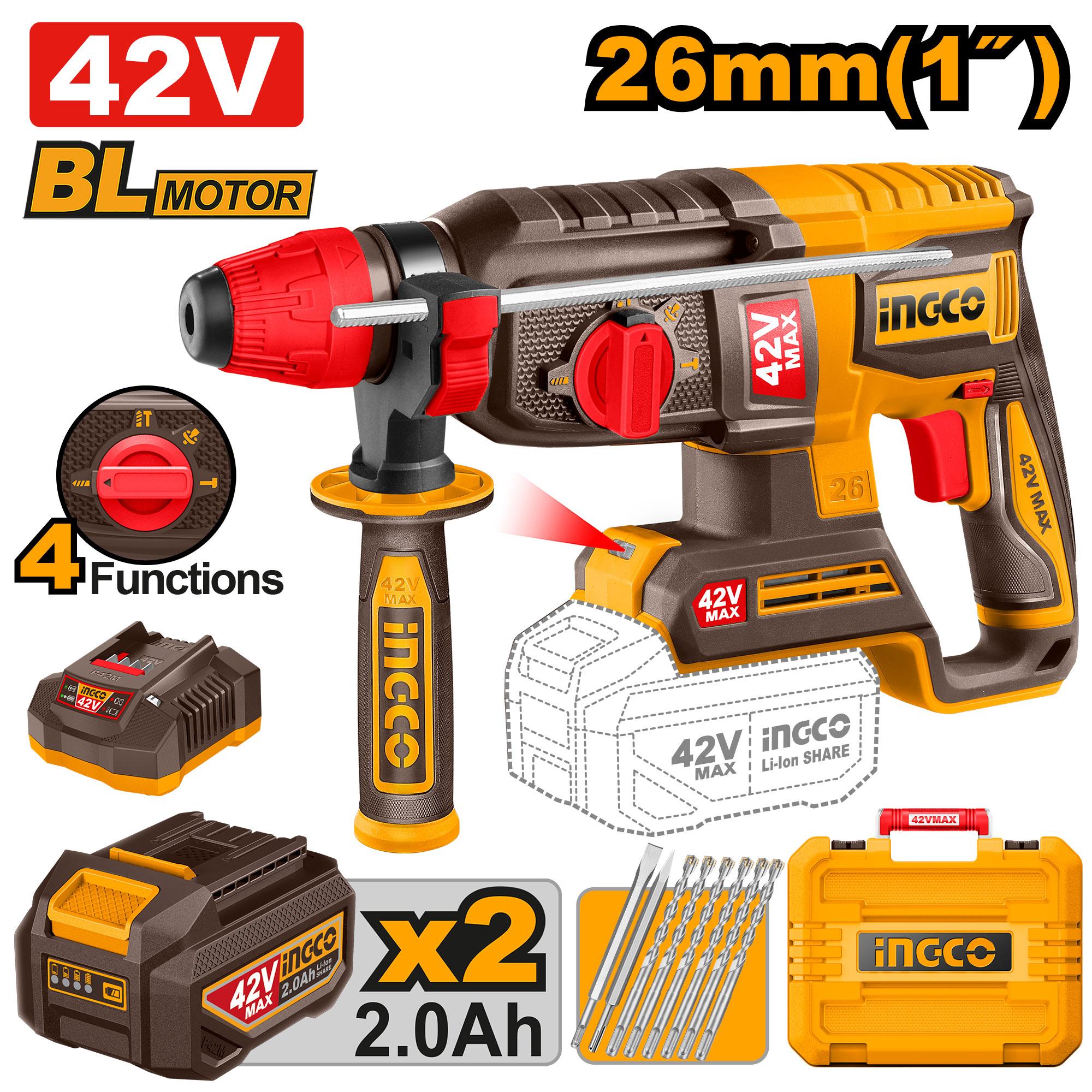 INGCO 42v Cordless Brushless Rotary Hammer 26mm CRHLI422682
