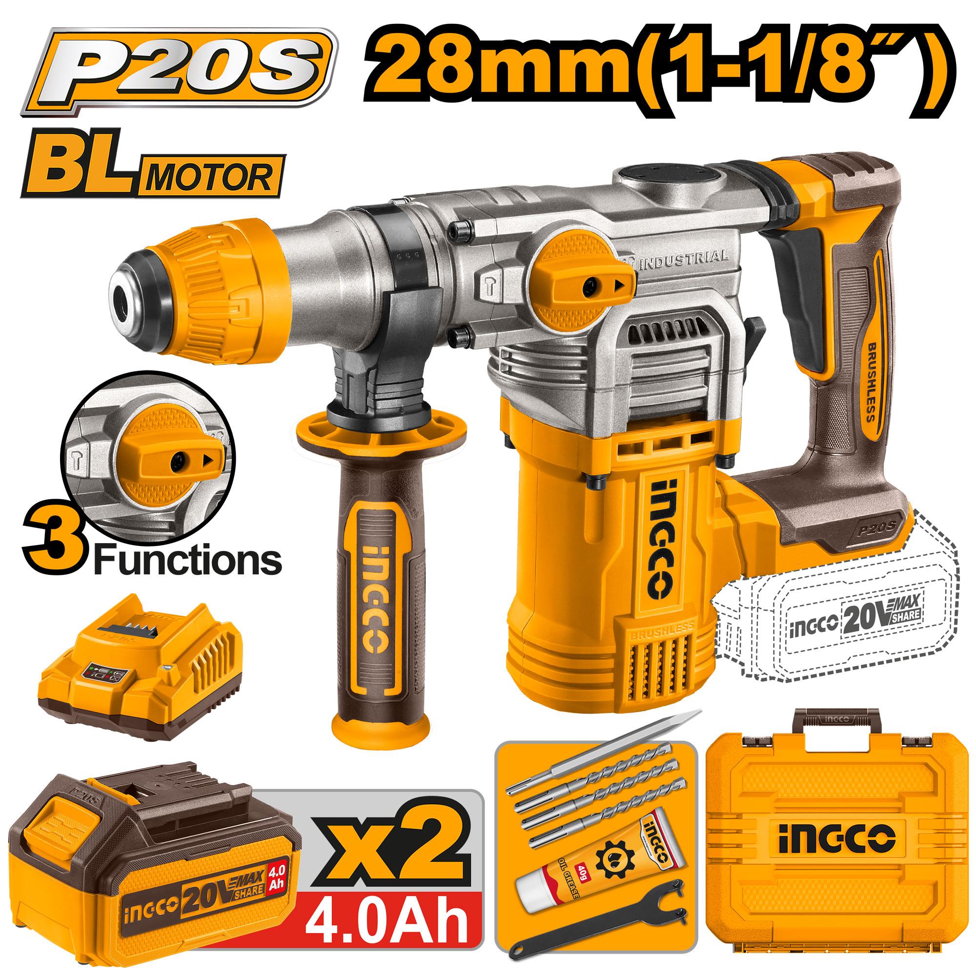 INGCO 20v Cordless Brushless Rotary Hammer 28mm CRHLI202882