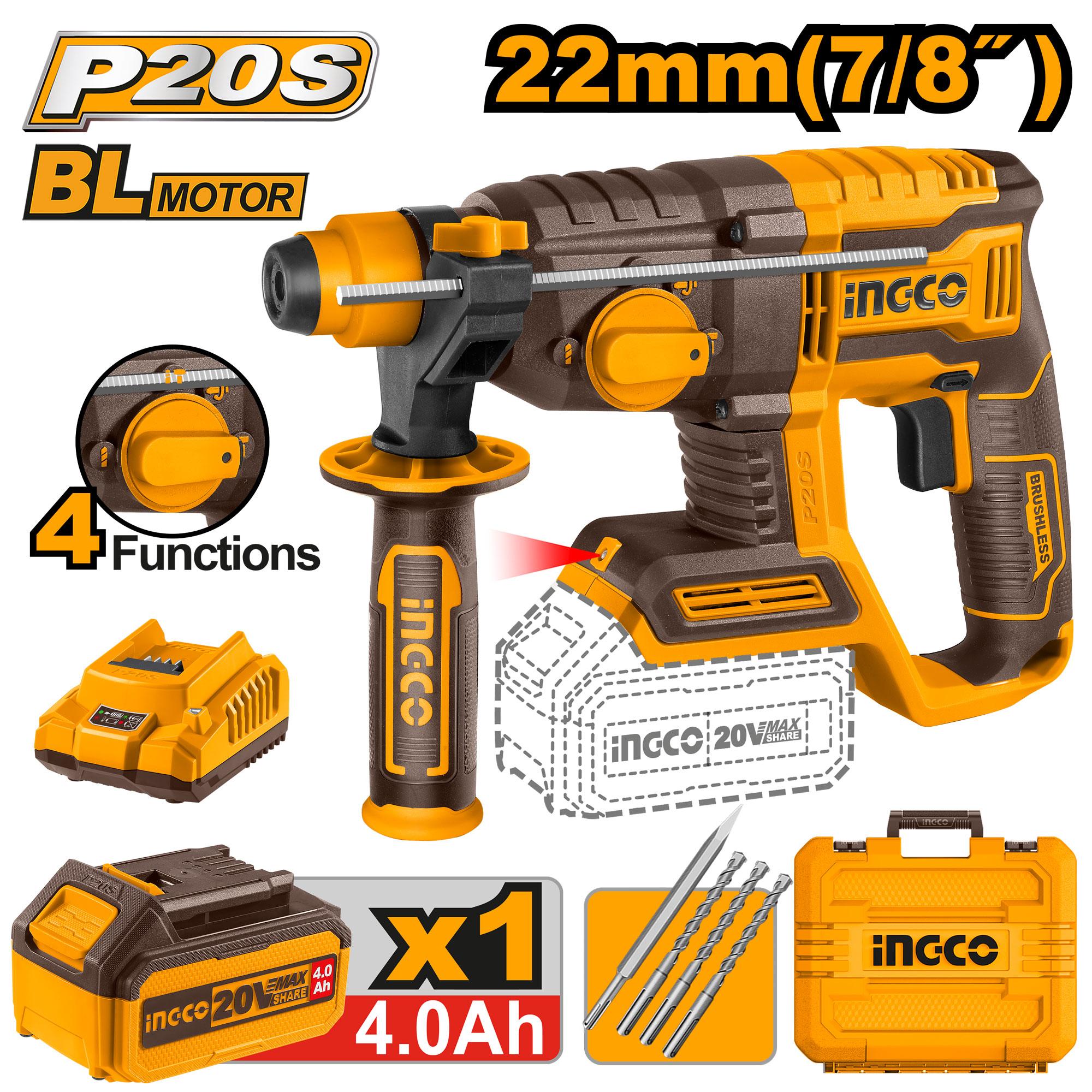 INGCO 20v Cordless Brushless Rotary Hammer 22mm CRHLI202081