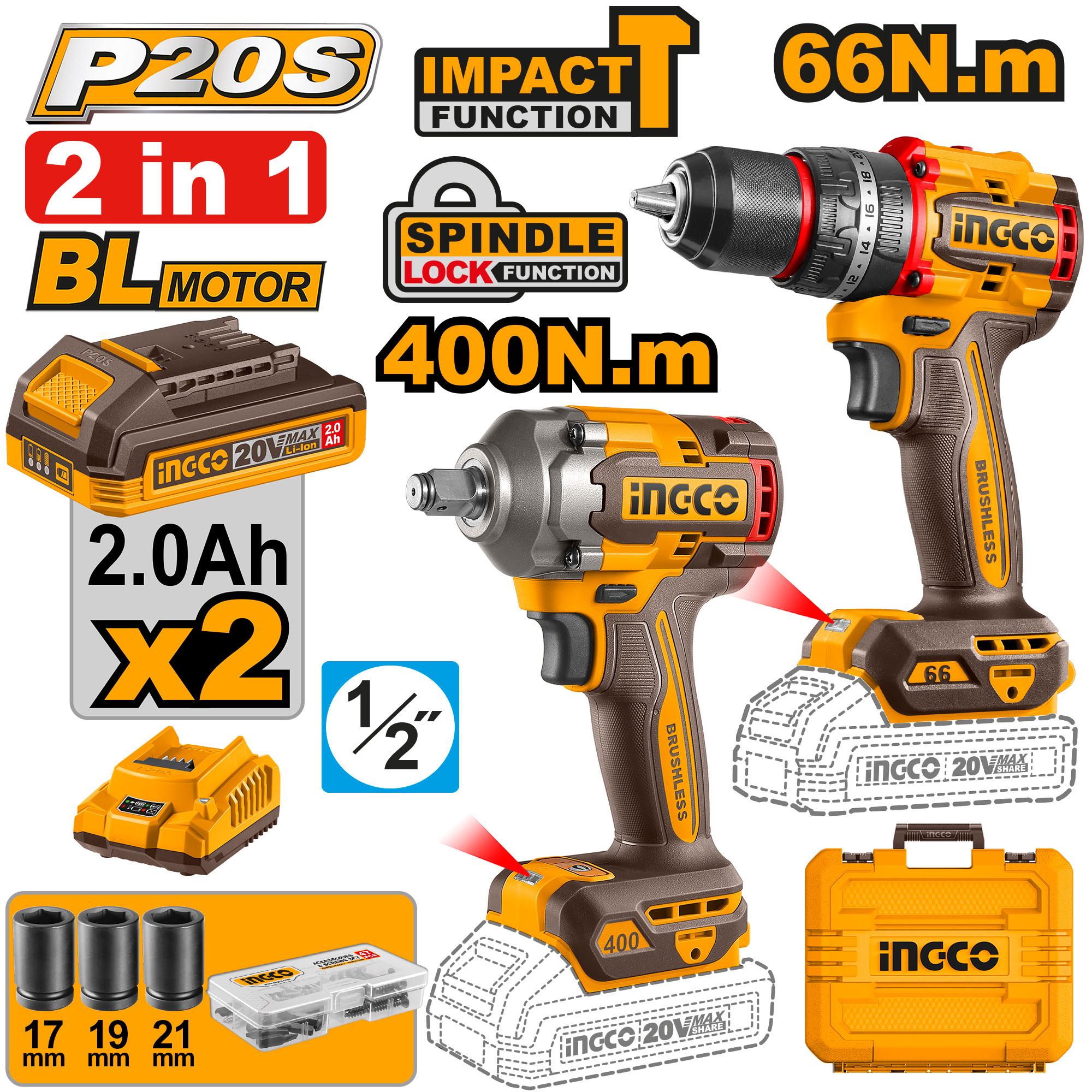 INGCO 20v Cordless 2pcs Combo Kit ( Impact Drill and Impact Wrench ) CKLI20275