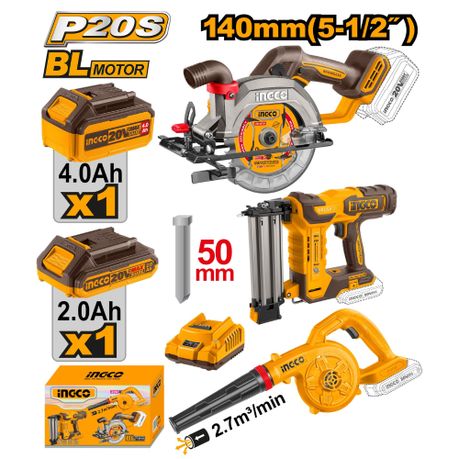 INGCO 20v Corldess 3pcs Combo Kit (Brad Nailer, Circular Saw and Air Blower) COSLI240683