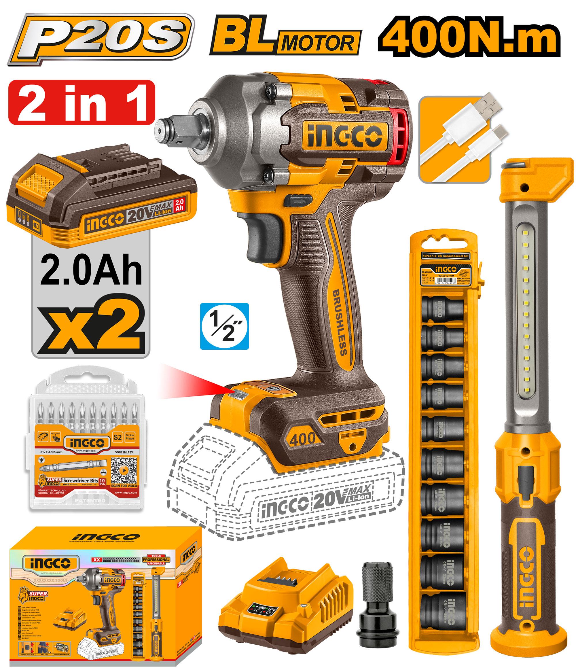 INGCO 20v Cordless Impact Wrench with Worklamp COSLI23048