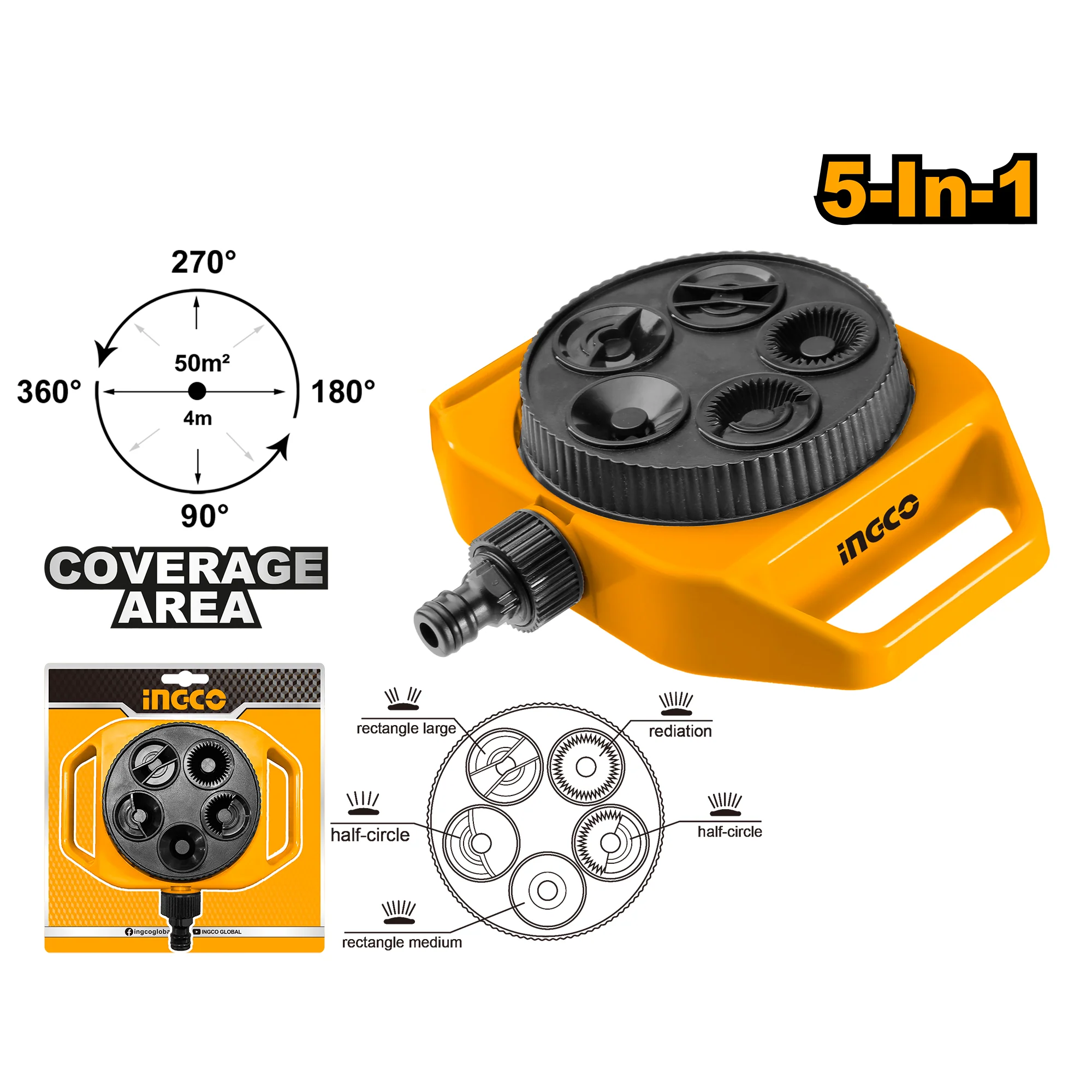 INGCO 5in1 Plastic Turret Sprinkler 3/4" Tool Adaptor HPS33061