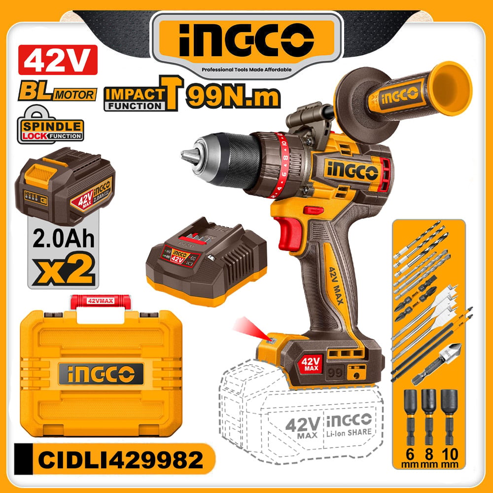 INGCO 42V Cordless Brushless Compact Impact Drill 99Nm CIDLI429982