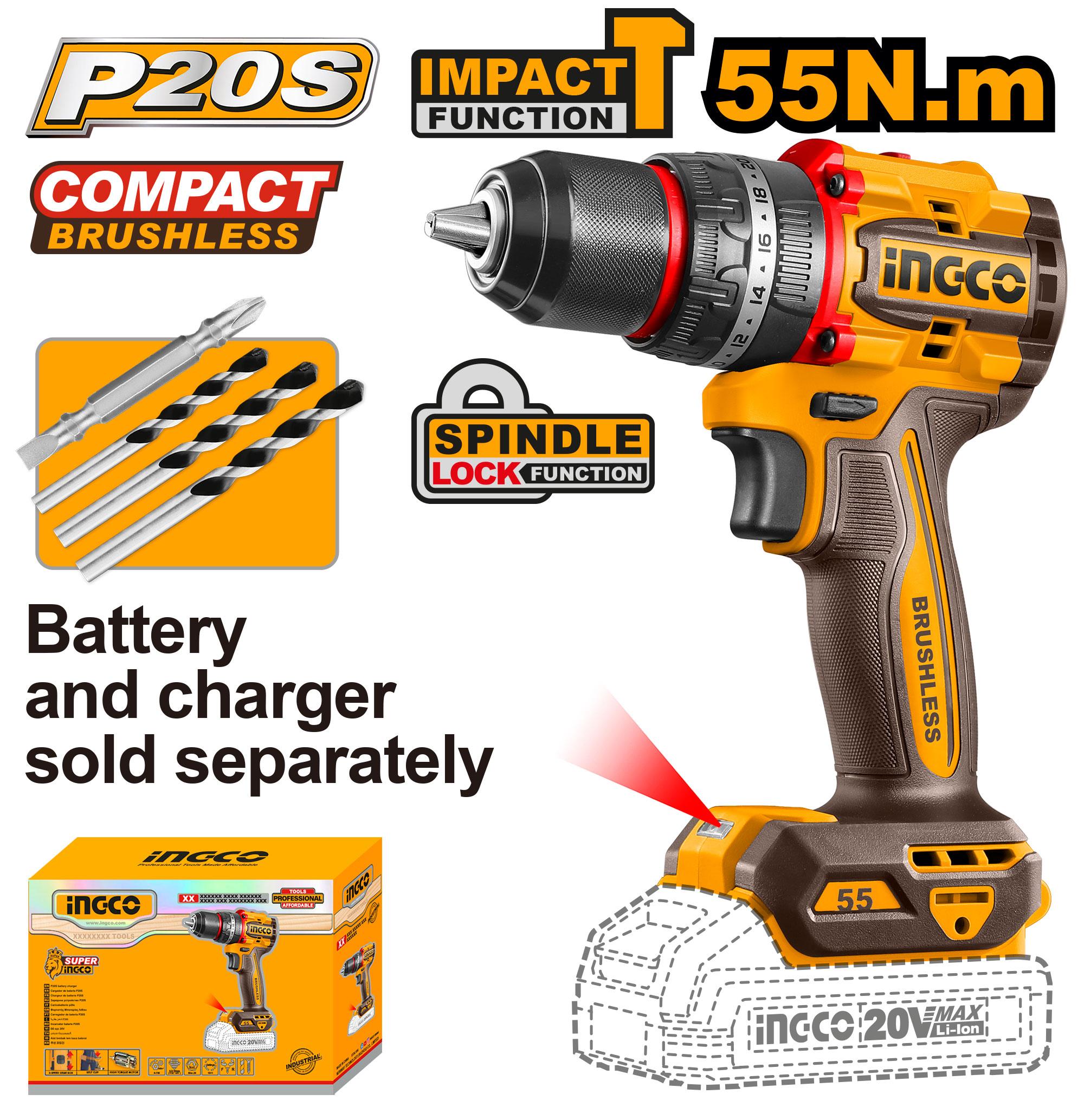 INGCO 20V Cordless Brushless Compact Impact Drill 55Nm CIDLI205581