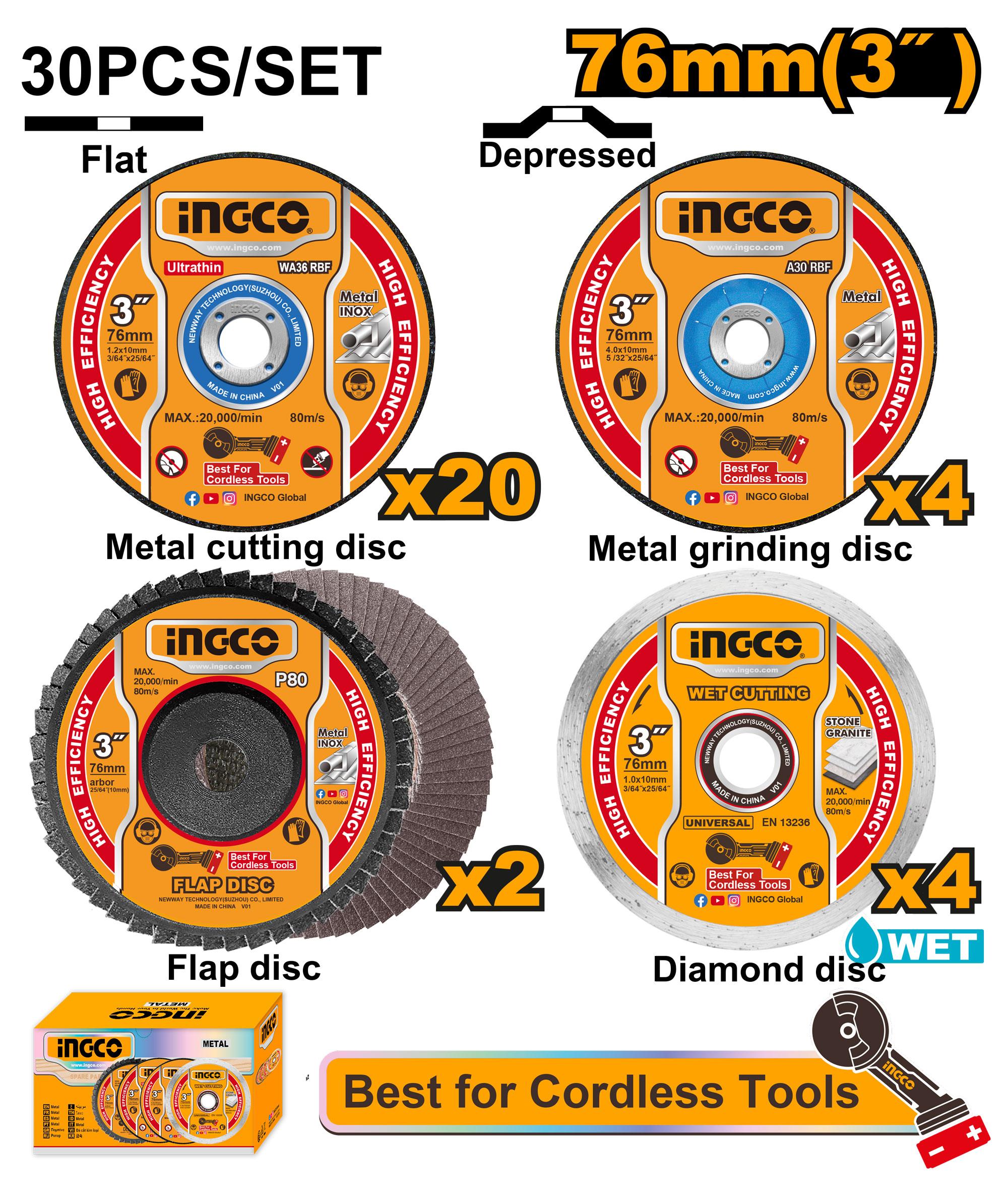 INGCO 30pcs Cutting and Grinding Disc Set 3" MCD07630